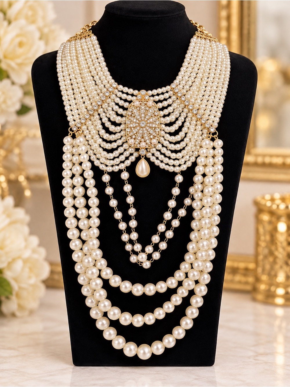 Elegant Multi-Strand Pearl Statement Necklace Gold Tones